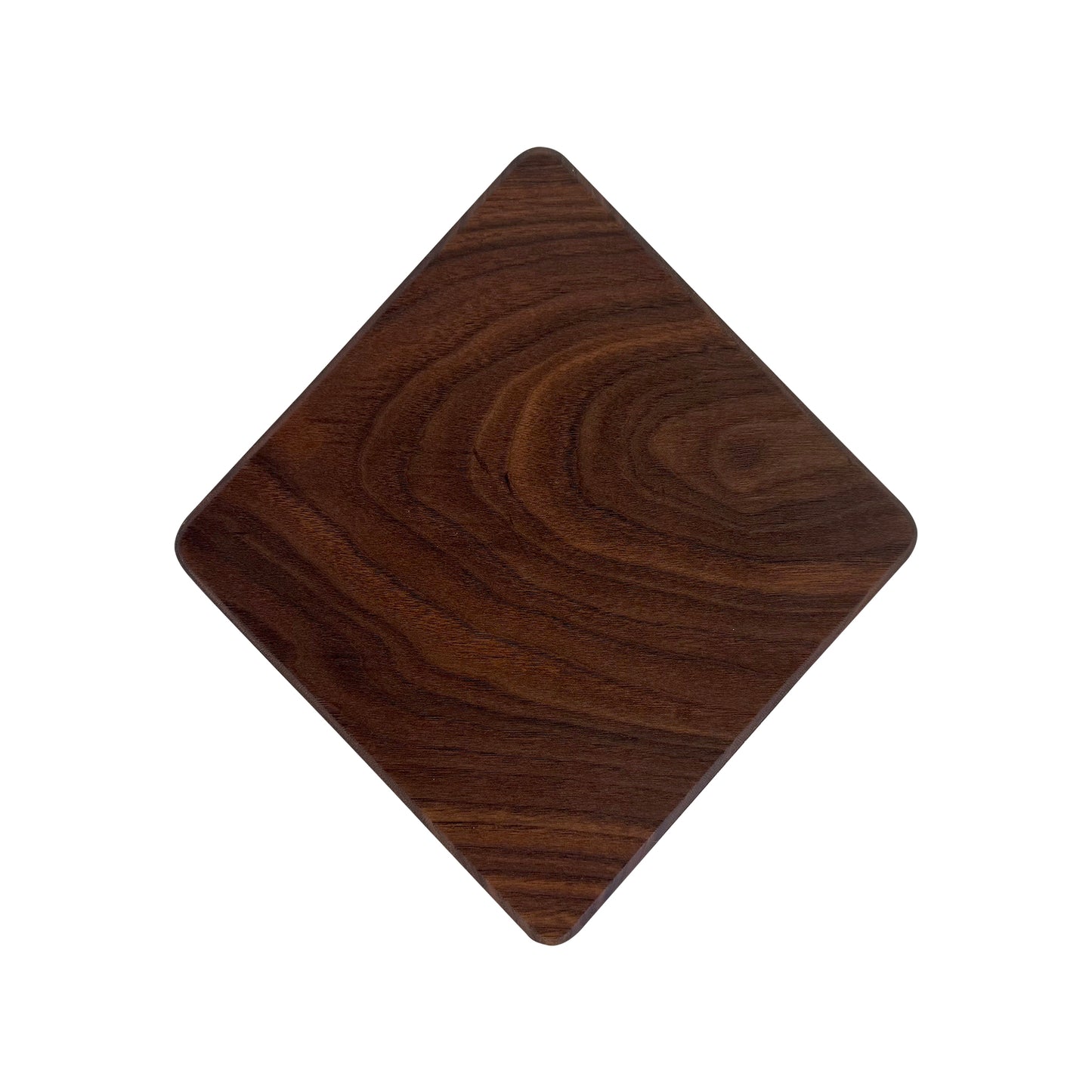 Diamond-shaped charcuterie board made from sustainably sourced American walnut with a food-safe finish and beveled edges, ideal for stylishly serving meats, cheeses, fruits, or desserts.