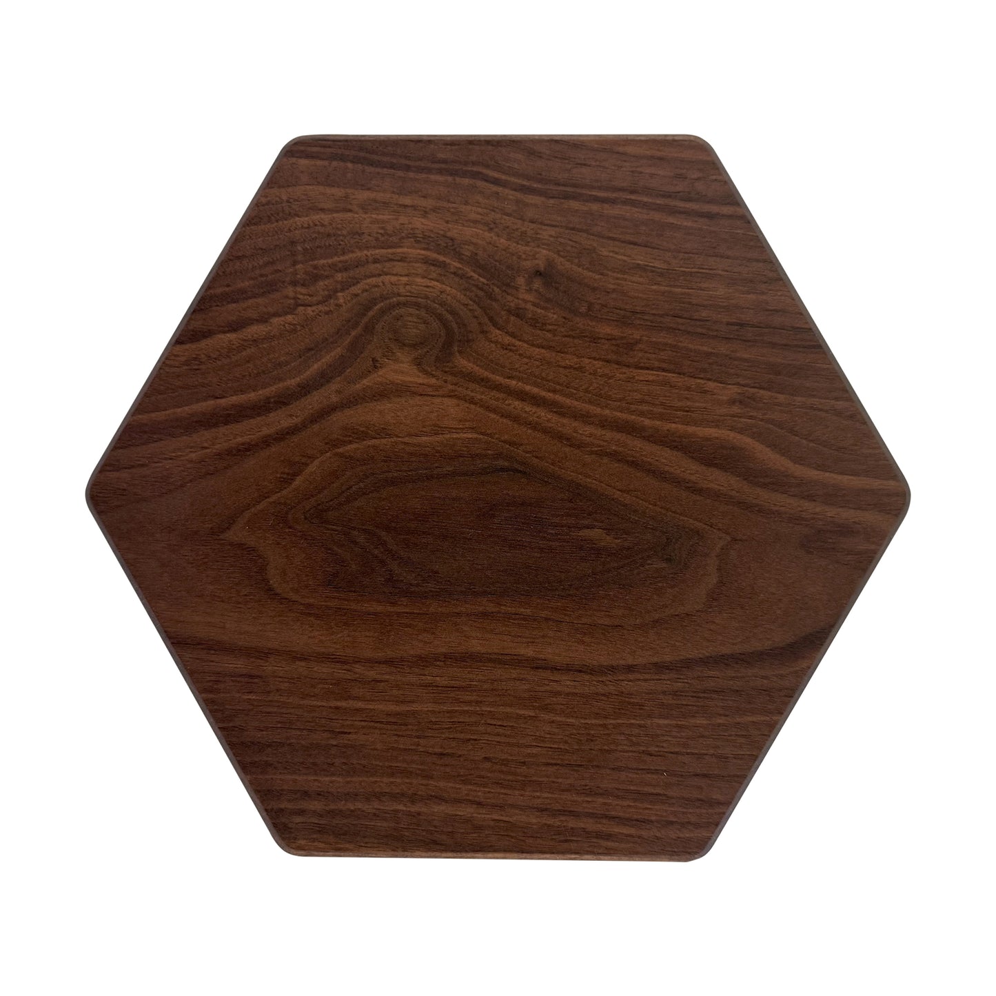 Hexagon-shaped charcuterie board made from sustainably sourced American walnut with a food-safe finish and beveled edges, offering a modern, geometric serving surface for meats, cheeses, fruits, or desserts.
