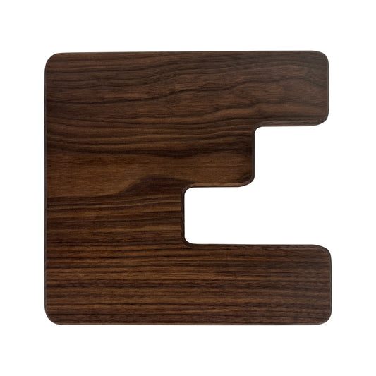 Letter E-shaped charcuterie board made from sustainably sourced American walnut with a food-safe finish and beveled edges, perfect for serving meats, cheeses, fruits, or desserts at personalized gatherings or initial-themed events.