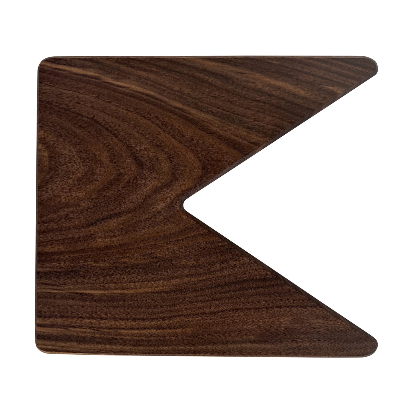 Letter K-shaped charcuterie board made from sustainably sourced American walnut with a food-safe finish and beveled edges, perfect for serving meats, cheeses, fruits, or desserts at personalized gatherings or initial-themed events.