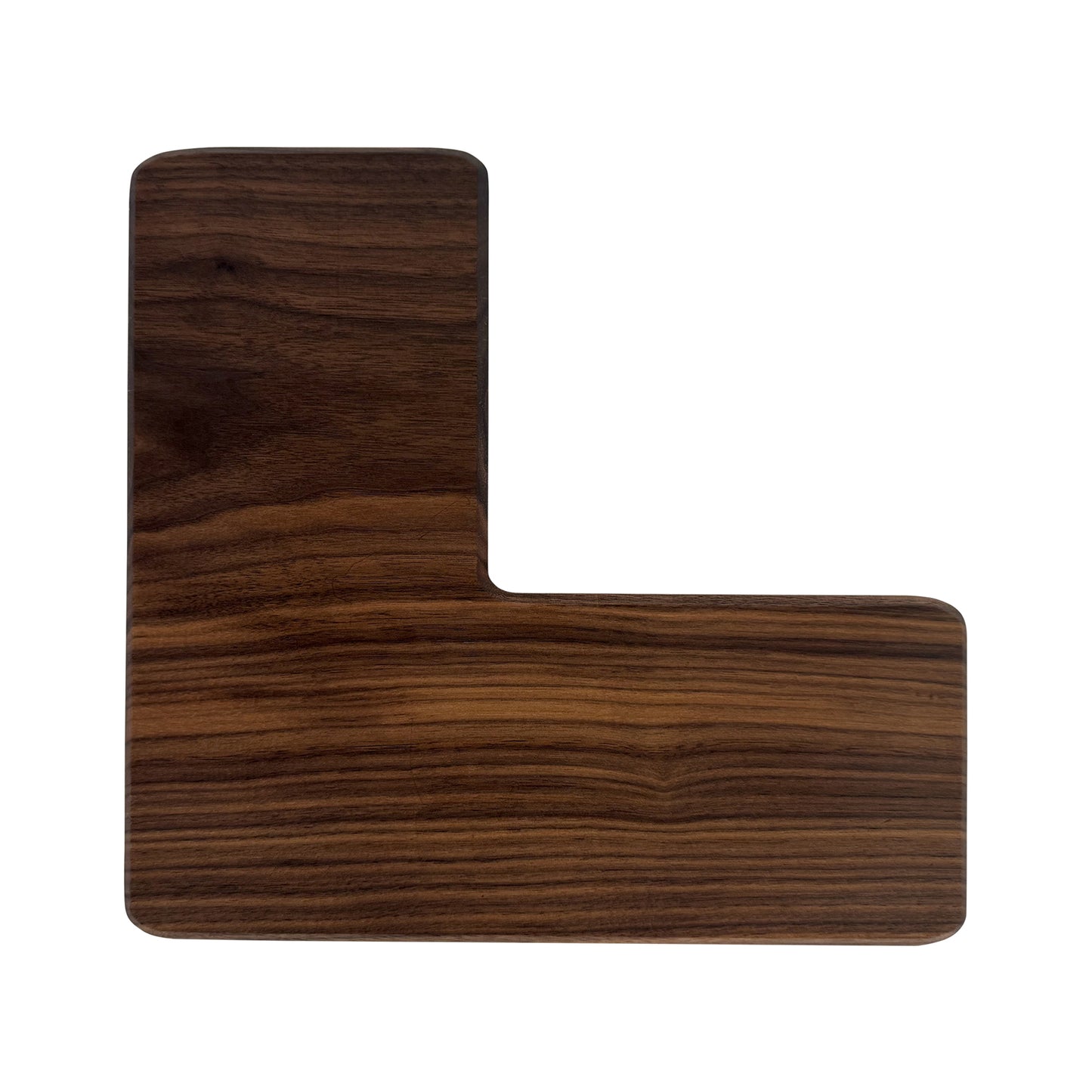 Letter L-shaped charcuterie board made from sustainably sourced American walnut with a food-safe finish and beveled edges, perfect for serving meats, cheeses, fruits, or desserts at personalized gatherings or initial-themed events.