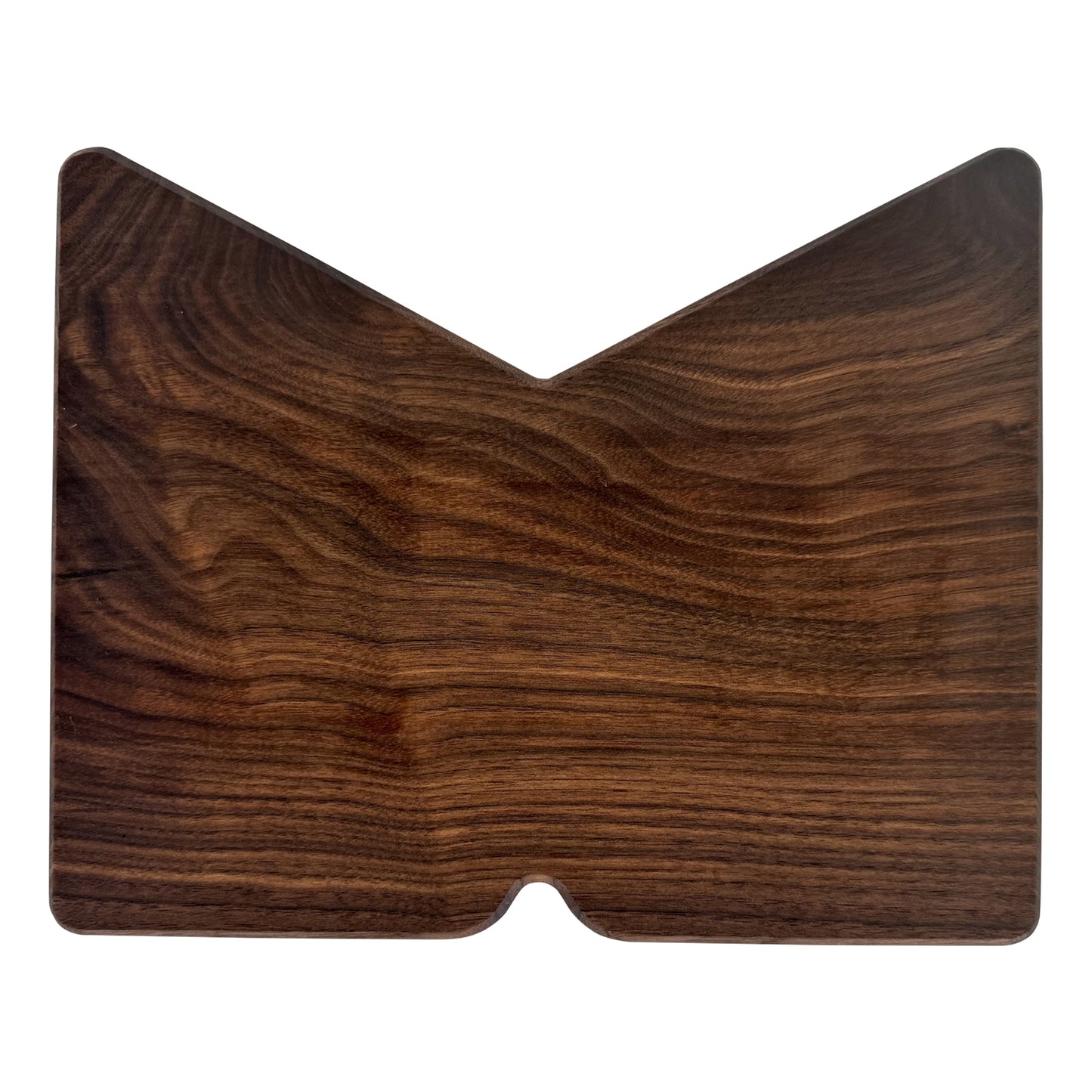 Letter M-shaped charcuterie board made from sustainably sourced American walnut with a food-safe finish and beveled edges, perfect for serving meats, cheeses, fruits, or desserts at personalized gatherings or initial-themed events.