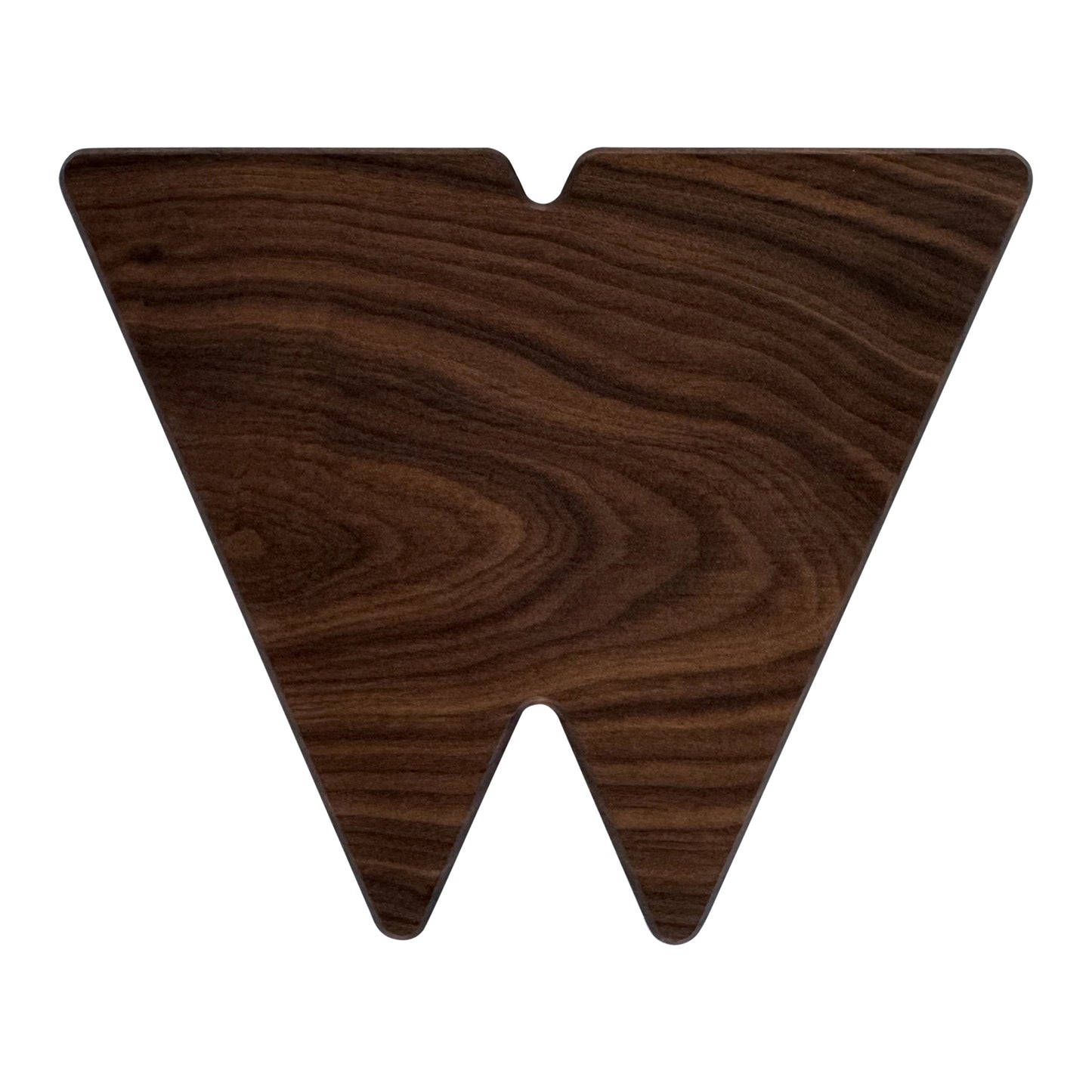 Letter W-shaped charcuterie board made from sustainably sourced American walnut with a food-safe finish and beveled edges, perfect for serving meats, cheeses, fruits, or desserts at personalized gatherings or initial-themed events.
