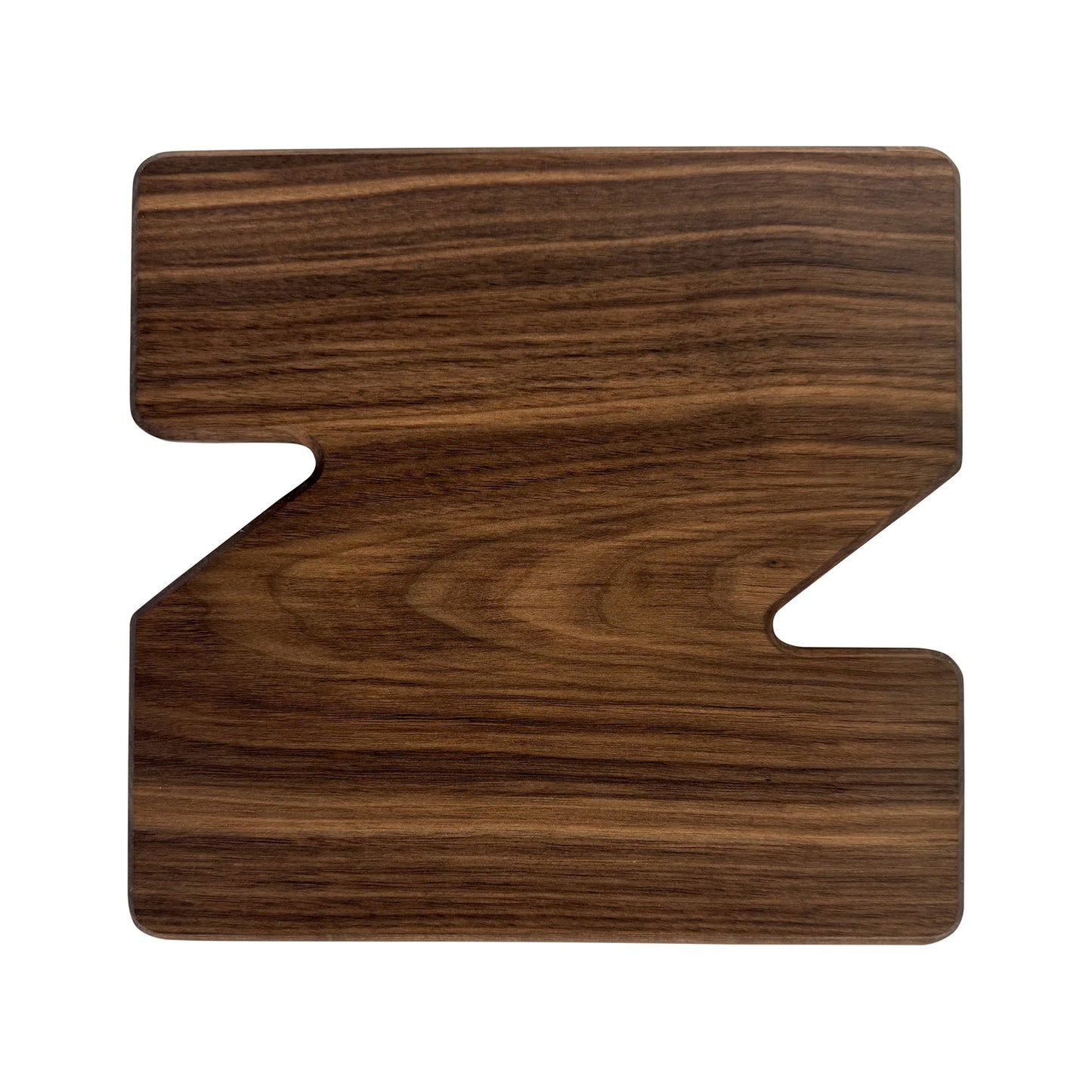 Letter Z-shaped charcuterie board made from sustainably sourced American walnut with a food-safe finish and beveled edges, perfect for serving meats, cheeses, fruits, or desserts at personalized gatherings or initial-themed events.