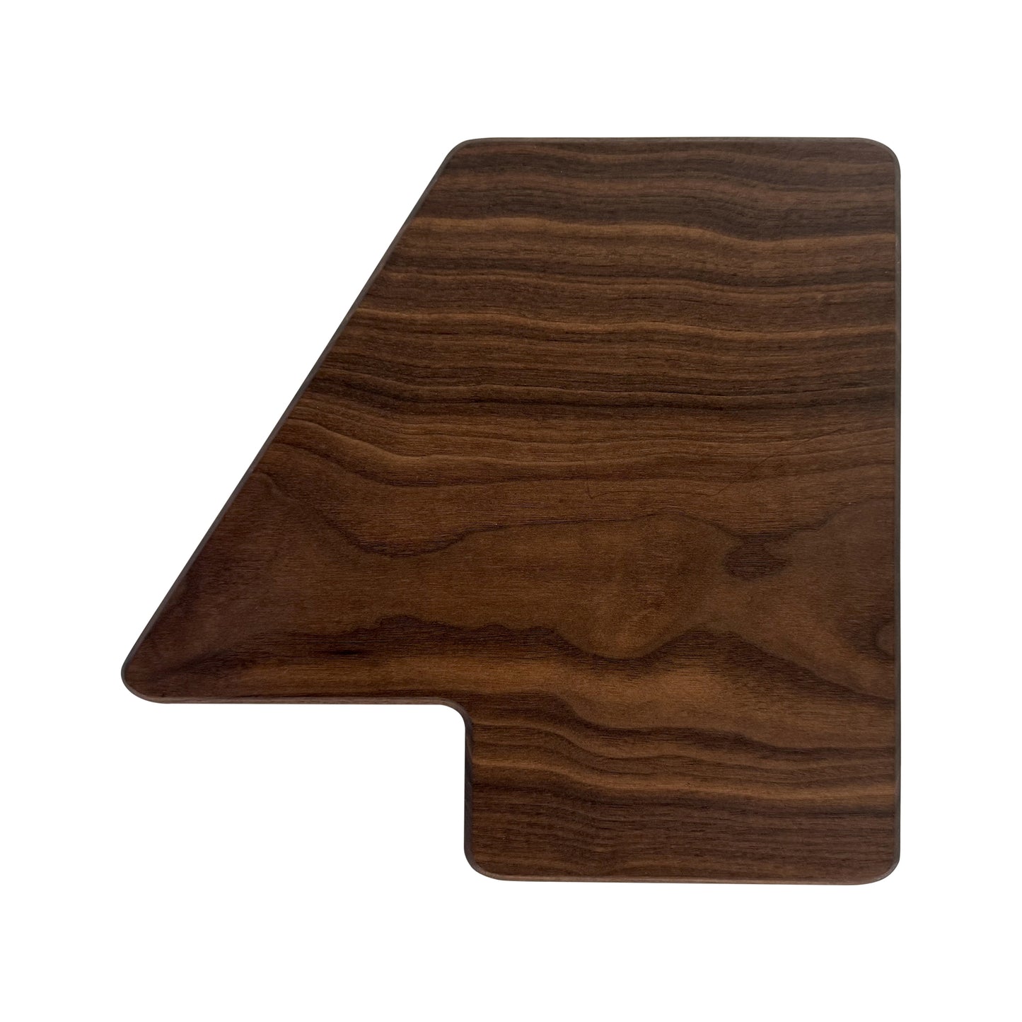 Number 4-shaped charcuterie board crafted from sustainably sourced American walnut with a food-safe finish and beveled edges, ideal for stylishly serving meats, cheeses, fruits, or desserts at birthdays and milestone celebrations
