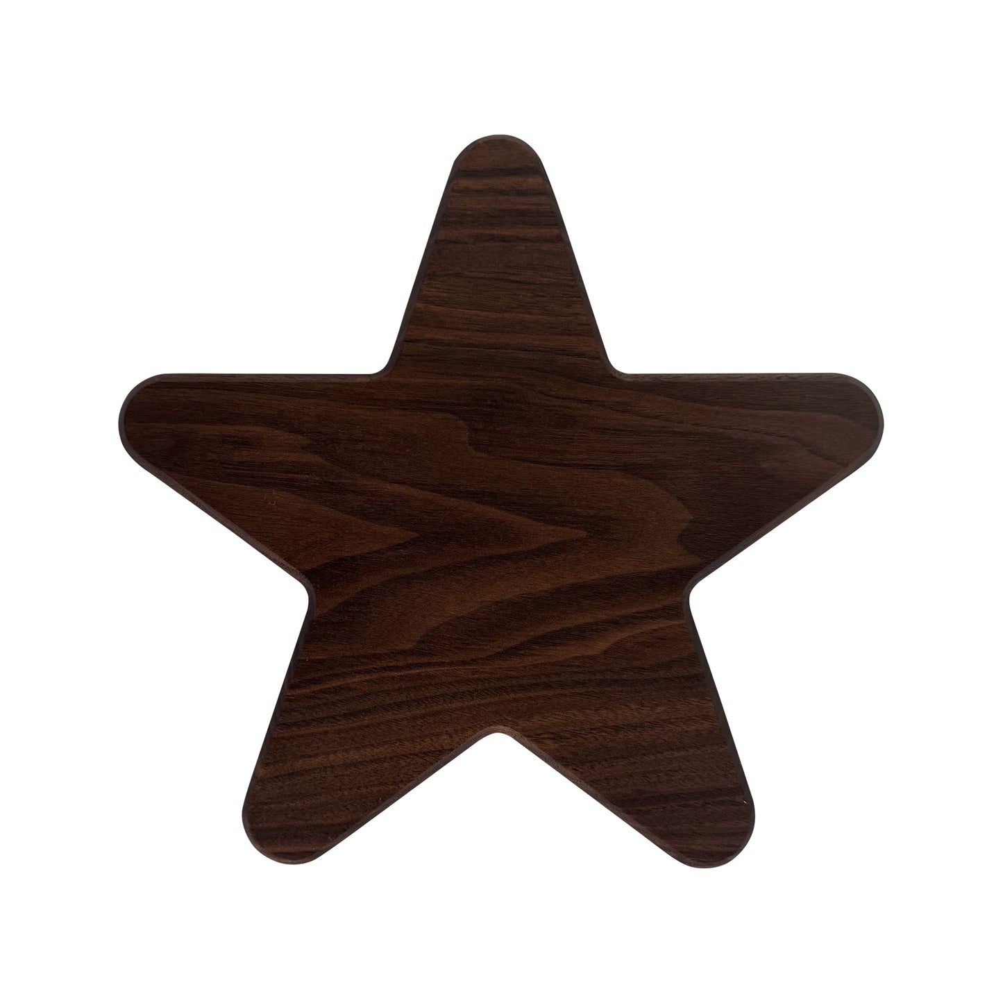 Star-shaped charcuterie board crafted from sustainably sourced American walnut with a food-safe finish and beveled edges, perfect for serving meats, cheeses, fruits, or desserts at festive gatherings