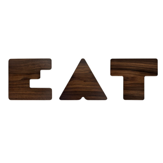 Handcrafted walnut EAT 3 Letter Board Set made from solid wood, perfect for charcuterie and kitchen decor
