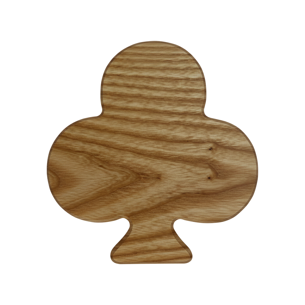 Club-shaped charcuterie board made from sustainably sourced American walnut, featuring a food-safe finish and beveled edges, perfect for serving meats, cheeses, fruits, or desserts on game night.
