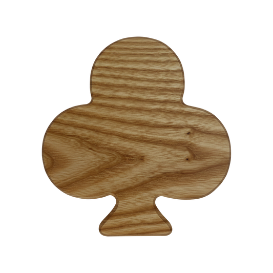Club-shaped charcuterie board made from sustainably sourced American walnut, featuring a food-safe finish and beveled edges, perfect for serving meats, cheeses, fruits, or desserts on game night.
