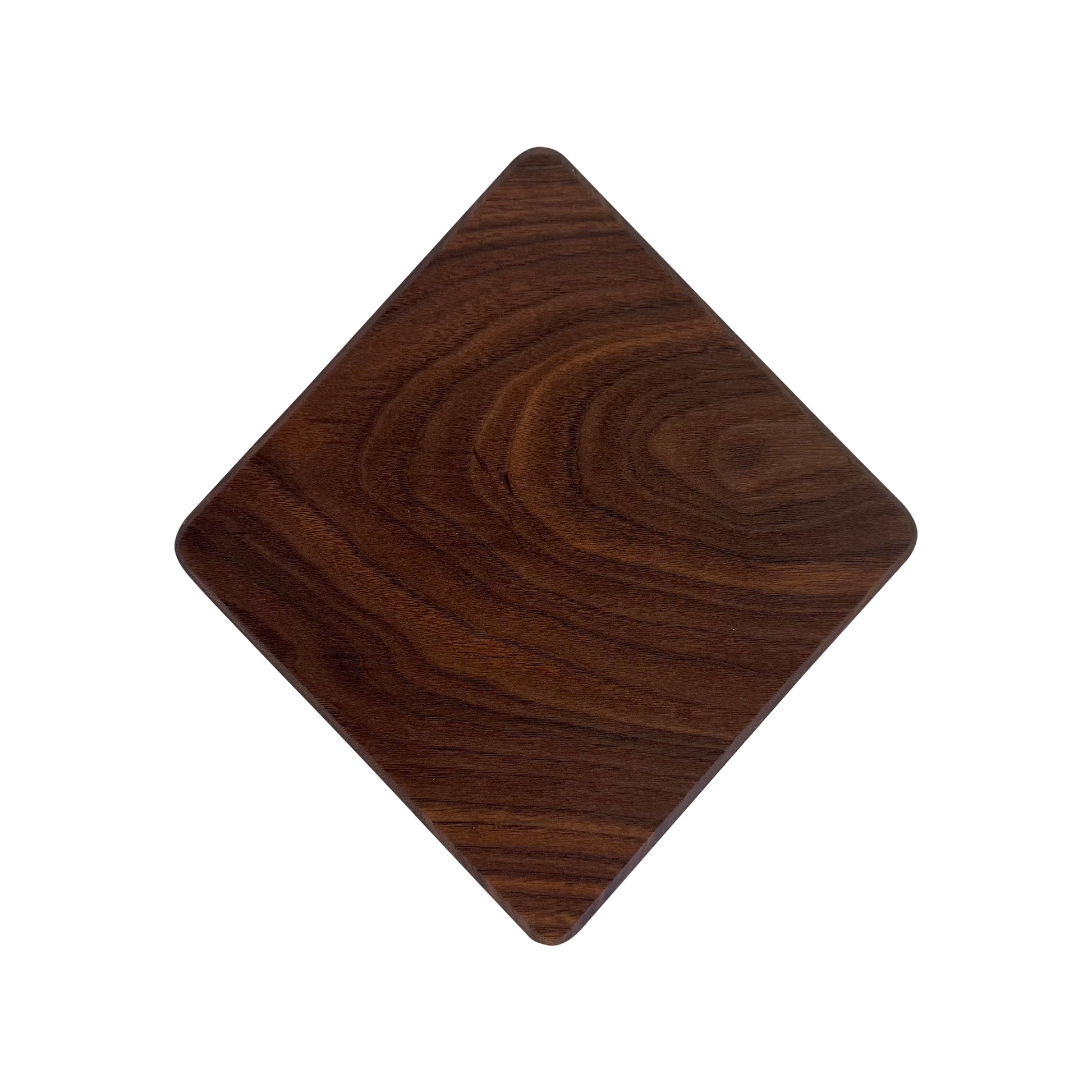 Diamond-shaped charcuterie board made from sustainably sourced American walnut with a food-safe finish and beveled edges, ideal for stylishly serving meats, cheeses, fruits, or desserts.