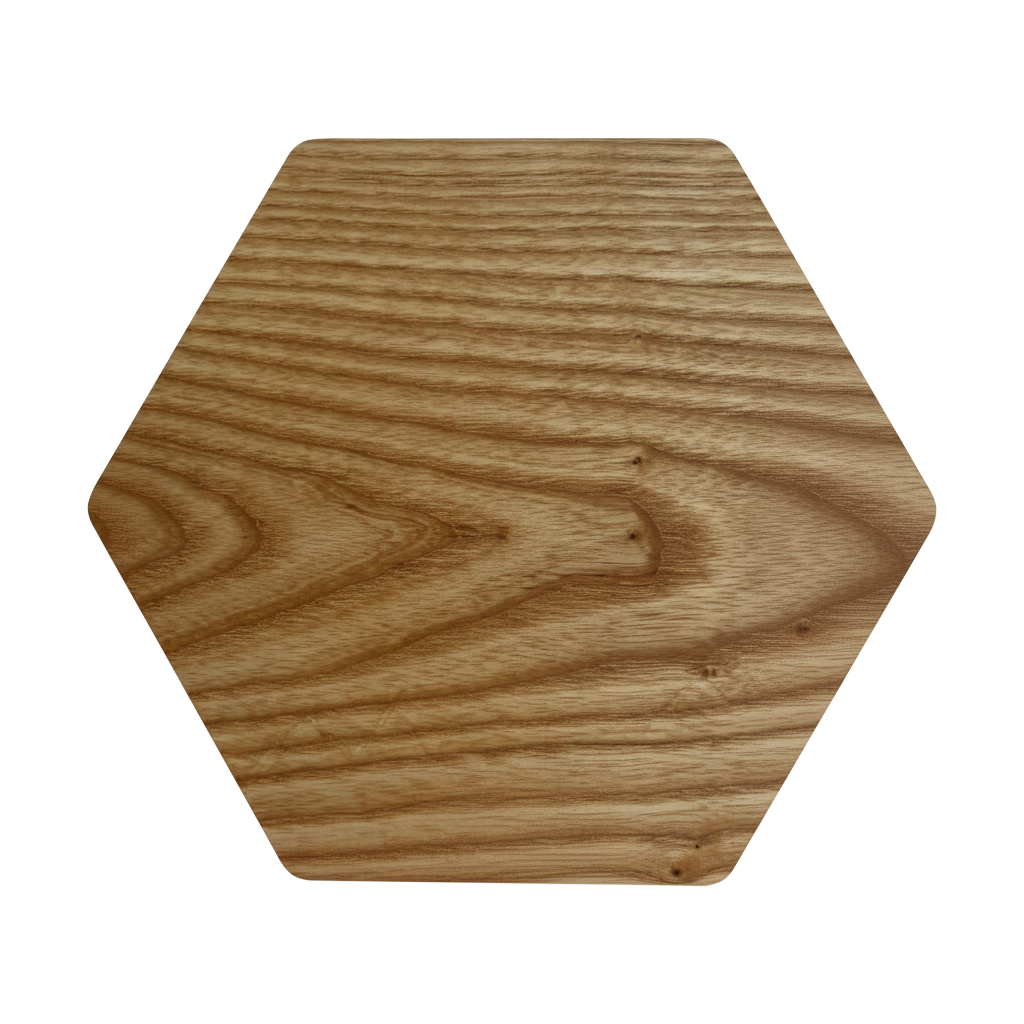 Hexagon-shaped charcuterie board made from sustainably sourced American walnut with a food-safe finish and beveled edges, offering a modern, geometric serving surface for meats, cheeses, fruits, or desserts.