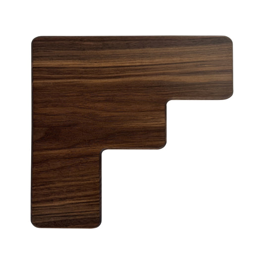 Letter F-shaped charcuterie board made from sustainably sourced American walnut with a food-safe finish and beveled edges, perfect for serving meats, cheeses, fruits, or desserts at personalized gatherings or initial-themed events.