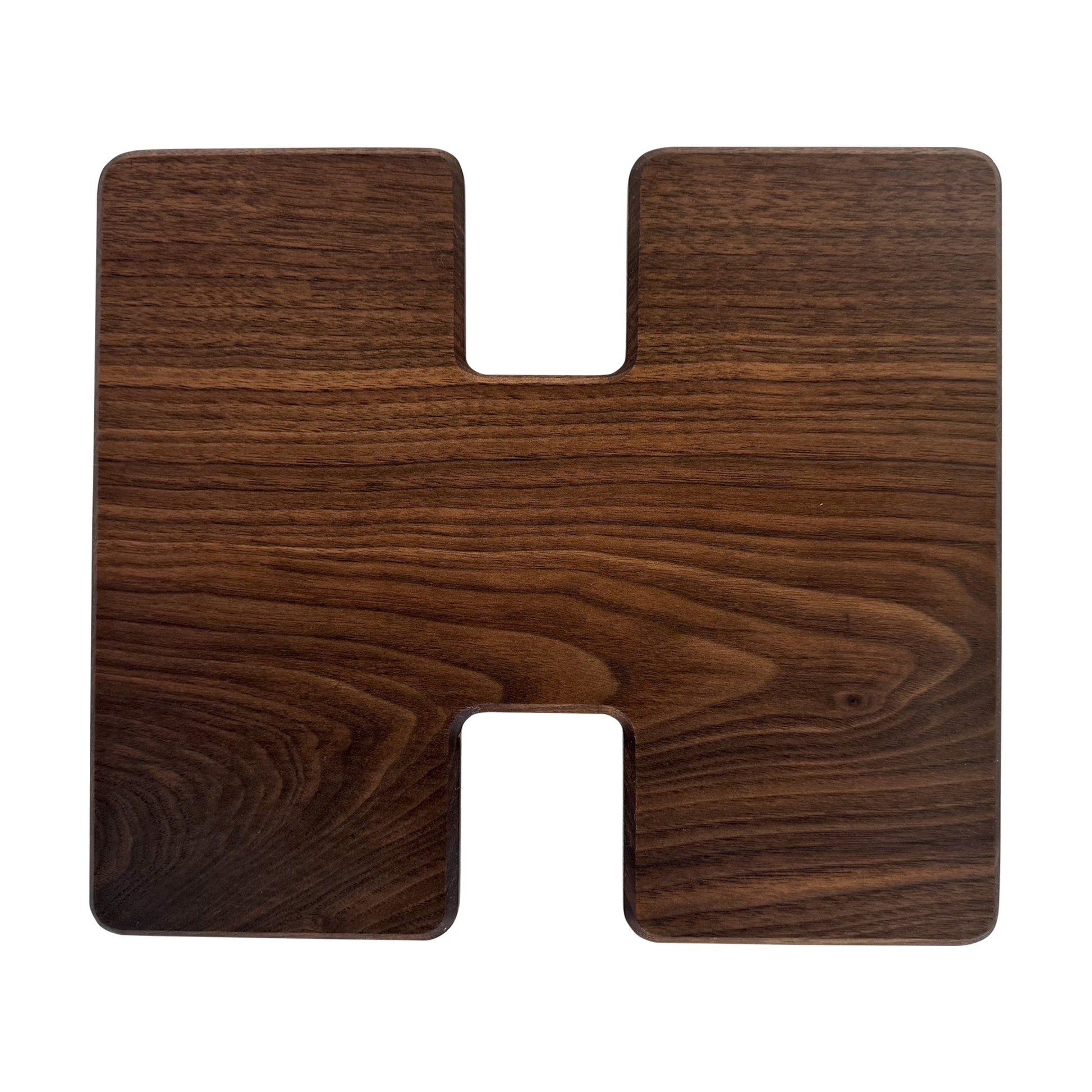 Letter H-shaped charcuterie board made from sustainably sourced American walnut with a food-safe finish and beveled edges, perfect for serving meats, cheeses, fruits, or desserts at personalized gatherings or initial-themed events.