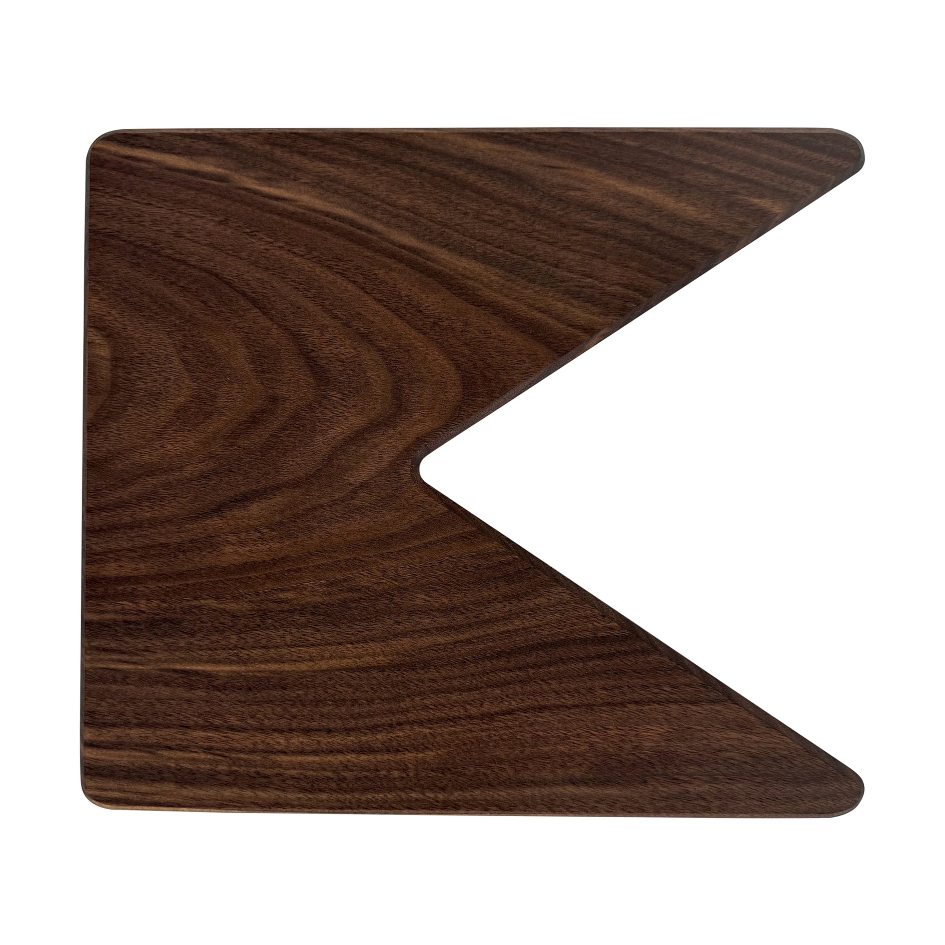 Letter K-shaped charcuterie board made from sustainably sourced American walnut with a food-safe finish and beveled edges, perfect for serving meats, cheeses, fruits, or desserts at personalized gatherings or initial-themed events.