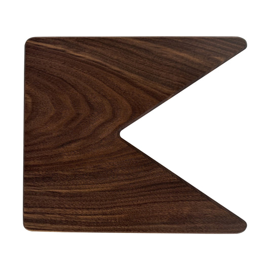 Letter K-shaped charcuterie board made from sustainably sourced American walnut with a food-safe finish and beveled edges, perfect for serving meats, cheeses, fruits, or desserts at personalized gatherings or initial-themed events.