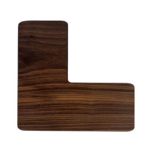Letter L-shaped charcuterie board made from sustainably sourced American walnut with a food-safe finish and beveled edges, perfect for serving meats, cheeses, fruits, or desserts at personalized gatherings or initial-themed events.