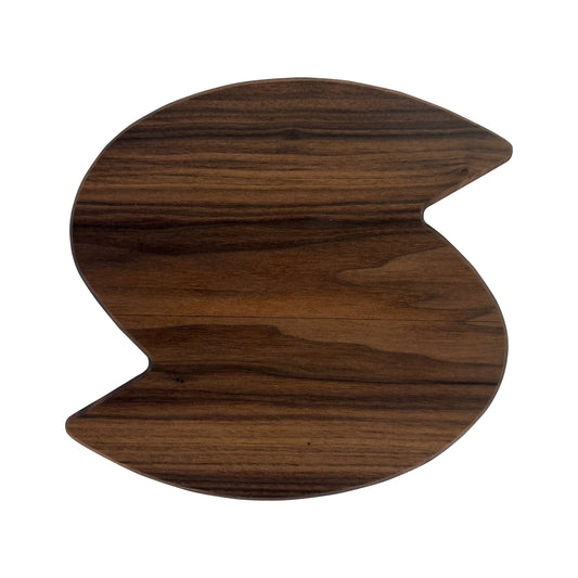 Letter S-shaped charcuterie board made from sustainably sourced American walnut with a food-safe finish and beveled edges, perfect for serving meats, cheeses, fruits, or desserts at personalized gatherings or initial-themed events.