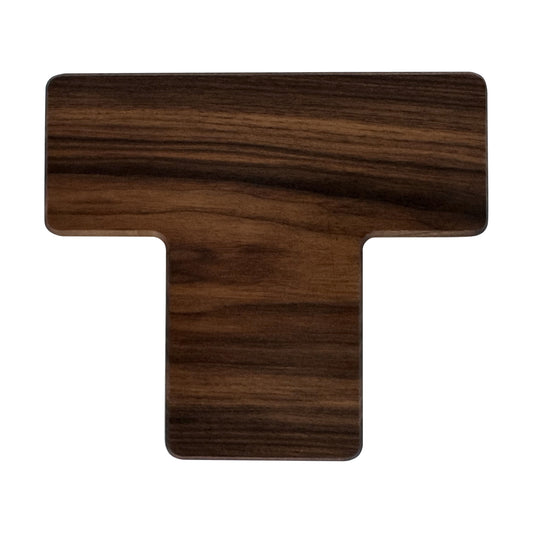 Letter T-shaped charcuterie board made from sustainably sourced American walnut with a food-safe finish and beveled edges, perfect for serving meats, cheeses, fruits, or desserts at personalized gatherings or initial-themed events.