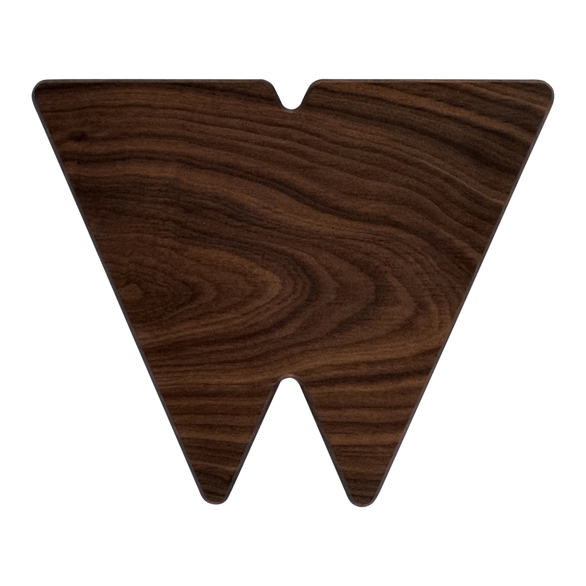 Letter W-shaped charcuterie board made from sustainably sourced American walnut with a food-safe finish and beveled edges, perfect for serving meats, cheeses, fruits, or desserts at personalized gatherings or initial-themed events.