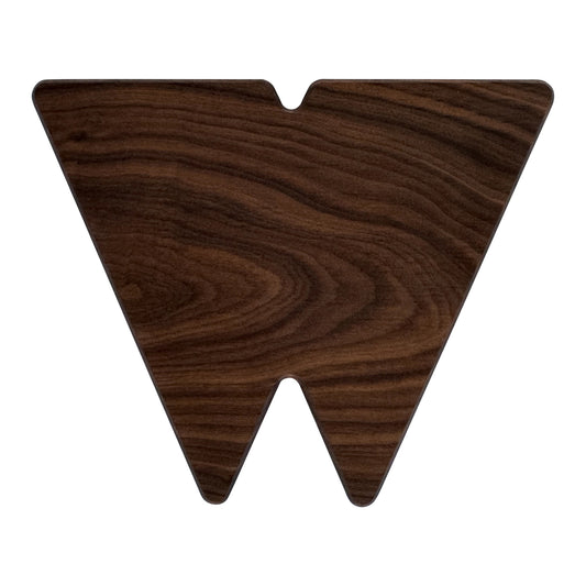 Letter W-shaped charcuterie board made from sustainably sourced American walnut with a food-safe finish and beveled edges, perfect for serving meats, cheeses, fruits, or desserts at personalized gatherings or initial-themed events.