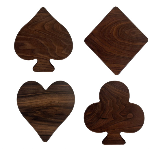 Handcrafted Poker Face board set featuring heart, diamond, club, and spade shapes, made from solid walnut for entertaining or gifting