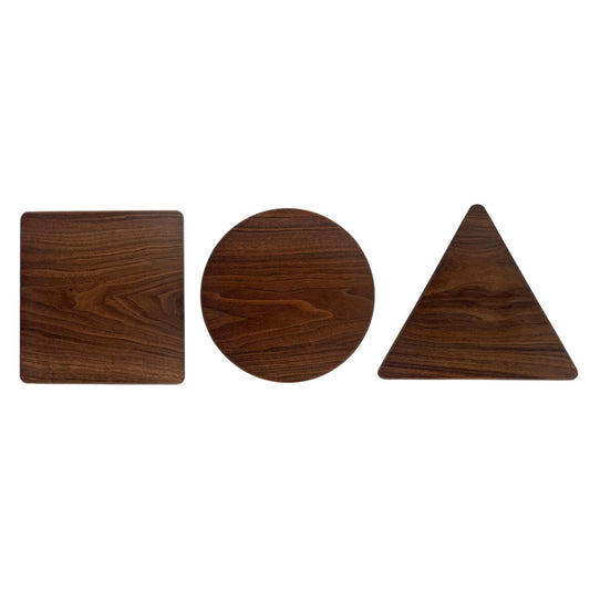 Shape Up board set with square, circle, and triangle boards handcrafted from solid walnut, ideal for serving and display